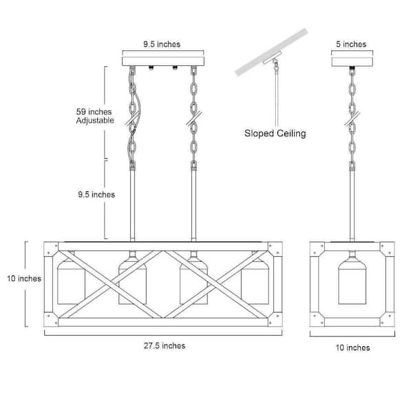 Farmhouse Dining Room Chandelier, 4-Light Brown Wood/Black Metal Kitchen Island Pendant with White Frosted Glass Shades