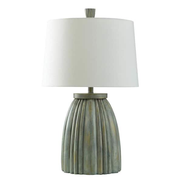 30 in. Washed Sage Green, Gold Table Lamp with White Linen Shade