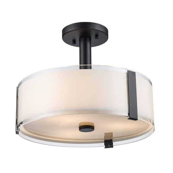 Bourland 14 in. 3-Light Black Semi-Flush Mount Ceiling Light Fixture with White and Clear Glass Double Shade