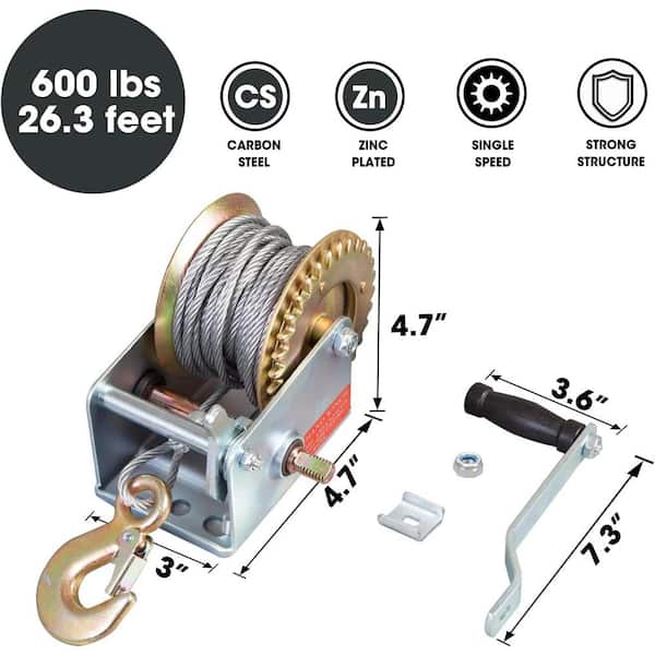 600 lbs. Capacity Hand Crank Boat Winch with 26.3 ft. Cable