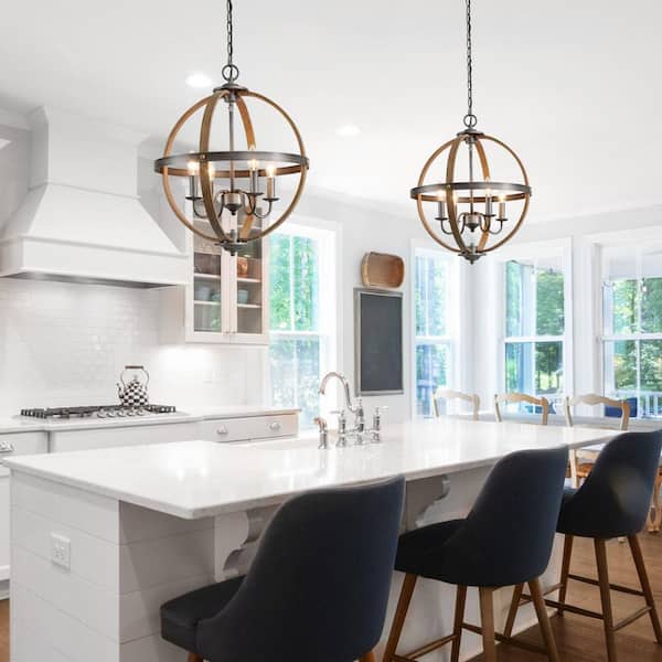 Rustic Globe Candlestick Brushed Silver Chandelier 4-Light Island Farmhouse Cage Pendant Chandelier with Wood Accents