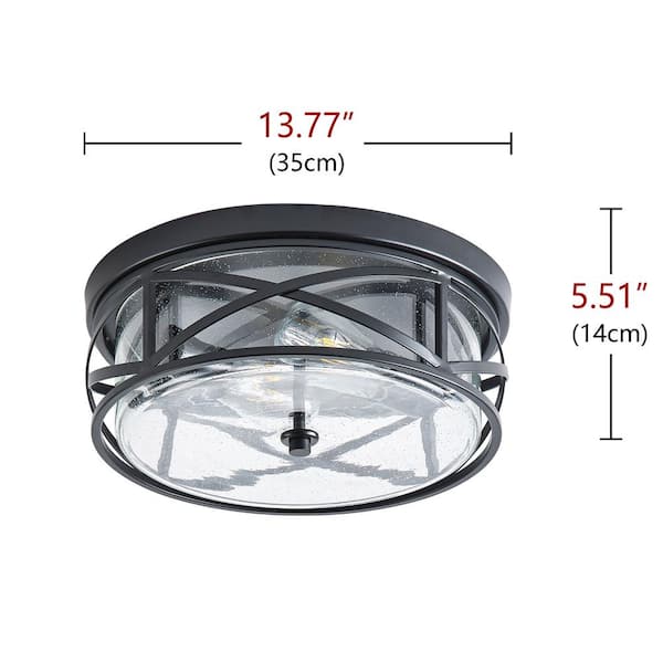 Industrial 13.77 in. 2-Light Black Farmhouse Flush Mount Ceiling Light with Seeded Glass Shade