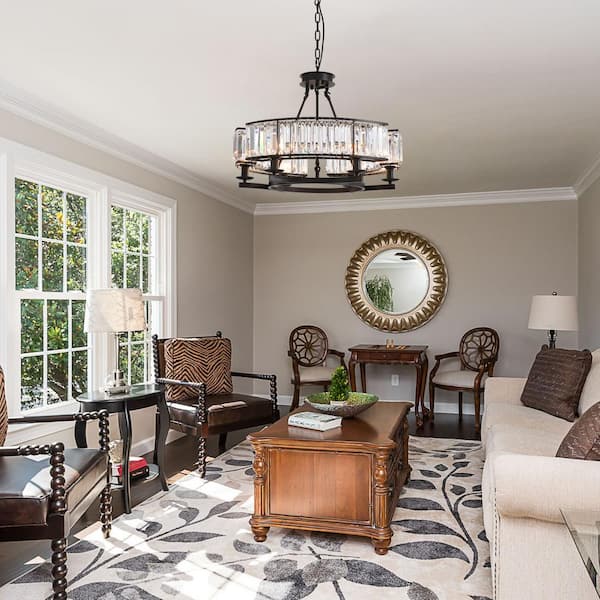 6-Light Black Modern Crystal Chandelier Drum Island Adjustable Hangding Semi Flush Mount Ceiling Light