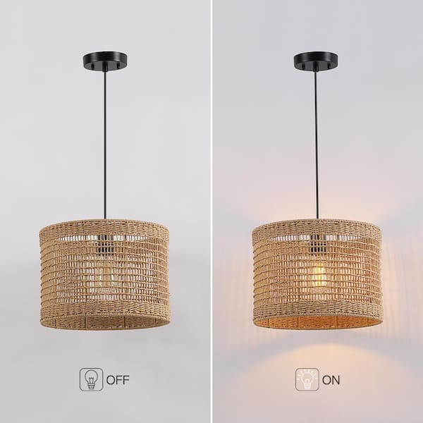 Bohe 13.8 in. 1-Light Black Bohemian Island Pendant with Natural Rattan Shade