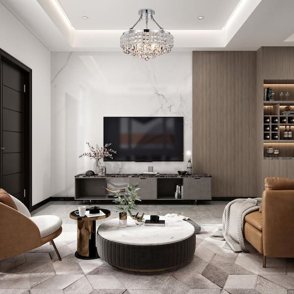 Alyvia 15 in. 4-Light Chrome Glam Semi-Flush Mount with Beaded Drum Shade and Hanging Crystals