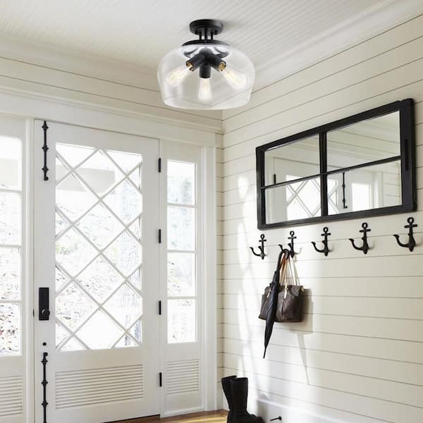14 in. 3-Light Matte Black Semi-Flush Mount with Clear Glass Shade