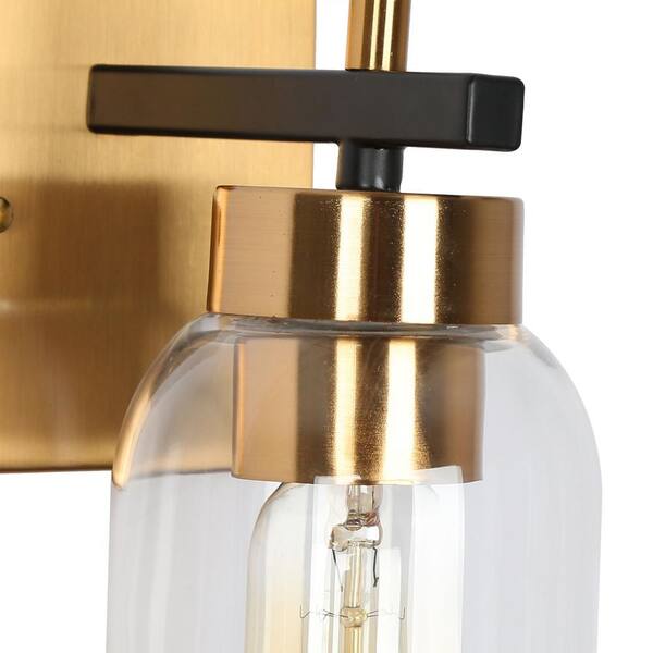 12 in. Modern 2-Light Brass Gold Bathroom Vanity Light, Black Bath Lighting with Cylinder Clear Glass Shades