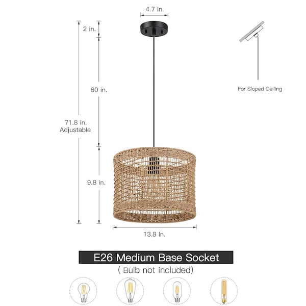 Bohe 13.8 in. 1-Light Black Bohemian Island Pendant with Natural Rattan Shade