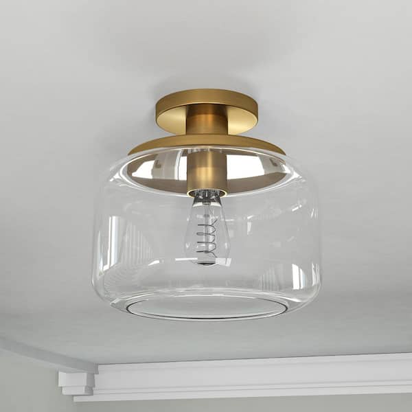 Tatum 11 in. Brushed Brass and Clear Semi Flush Mount with Glass Shade
