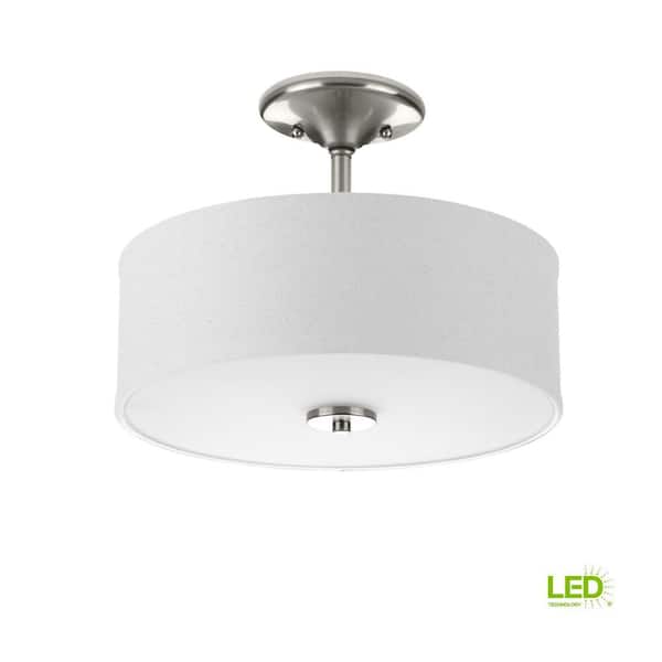 Inspire Collection 13 in. Brushed Nickel LED Bedroom Semi-Flush Ceiling Mount with White Linen Shade