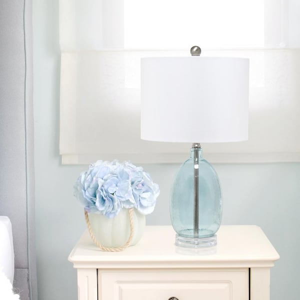 22 in. Clear Blue Oval Glass Table Lamp with White Drum Shade