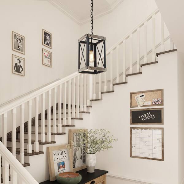 Black Rustic Wood Cage Pendant Light 1-Light Farmhouse Lantern Kitchen Island Pendant Lighting