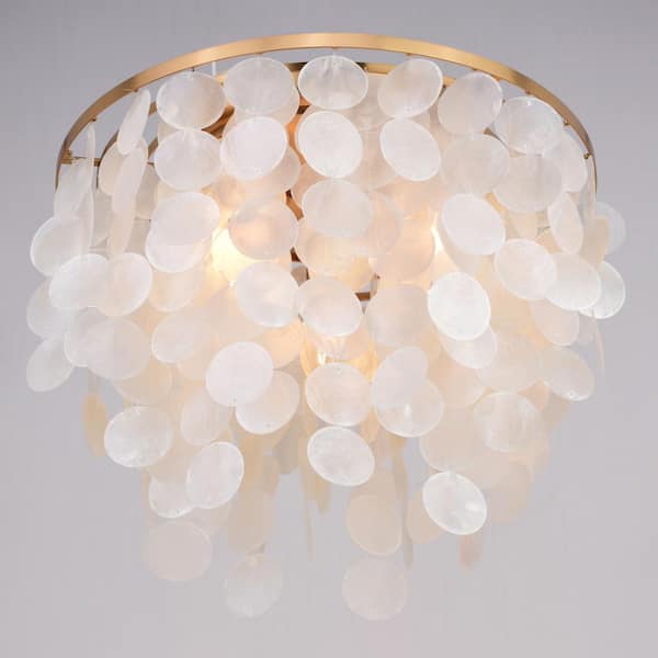 Elsa 60-Watt 3-Light Gold Brass Waterfall Pendant Light with Capiz Shells Modern Coastal Glam Fixture