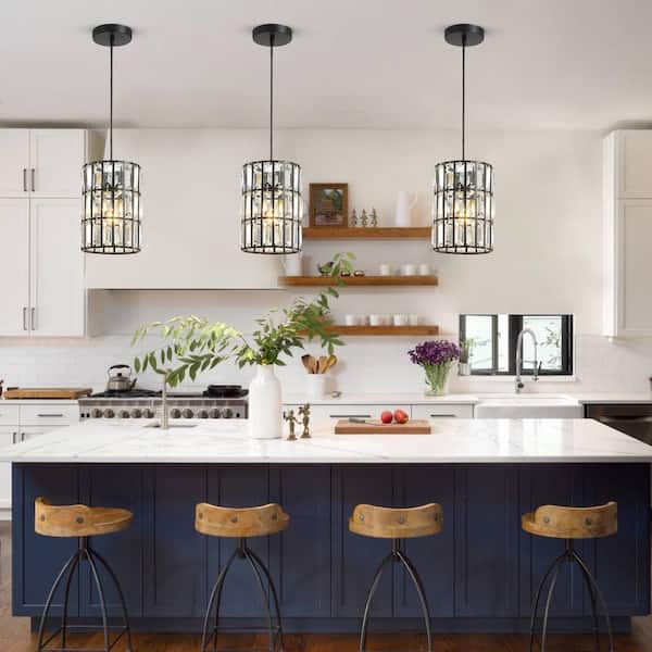 1-Light Modern Mini Pendant Light Black Crystal Hanging Chandelier for Kitchen Island