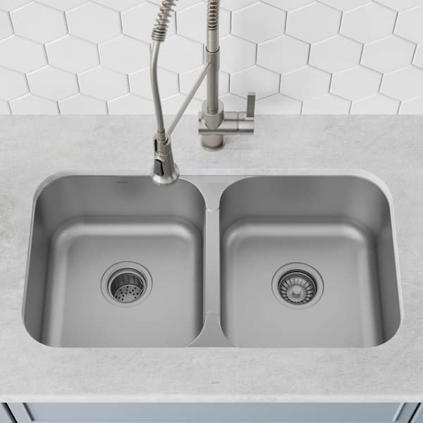 Premier Undermount Stainless Steel 32 in. 50/50 Double Bowl Kitchen Sink