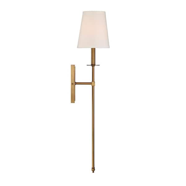 Monroe 6.7 in. W x 33.5 in. H 1-Light Warm Brass Wall Sconce with White Fabric Shade