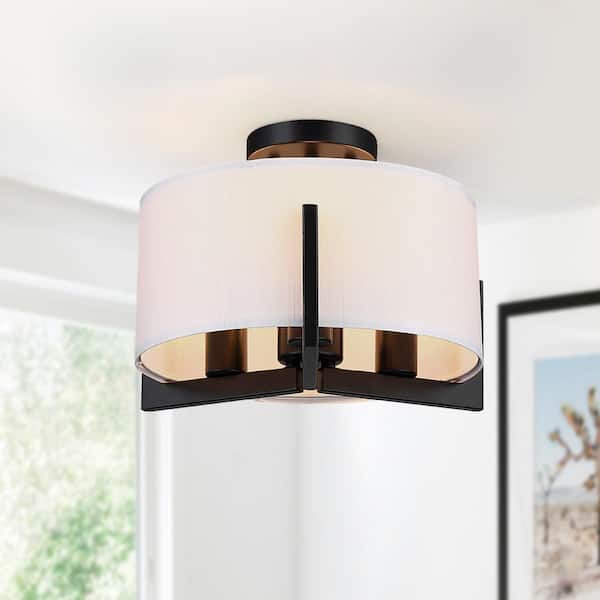 14 in. 3-Light Matte Black Semi-Flush Mount Ceiling Light with Drum Shade