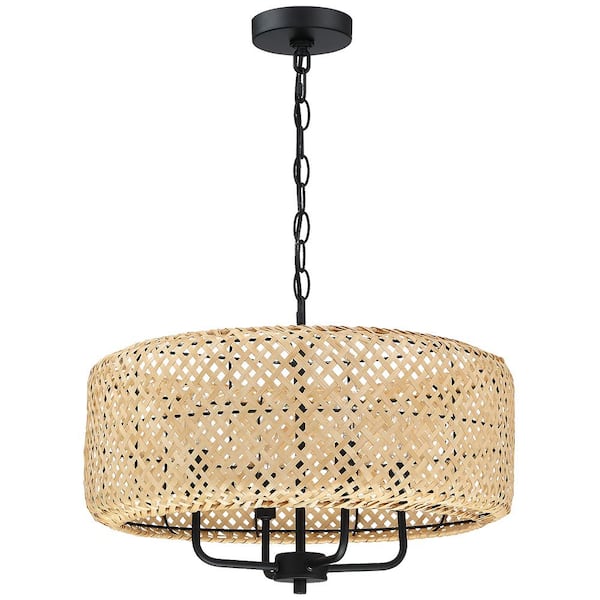 Bungalo 19.7 in. 4-Light Black/Wheat Bohemian Drum Chandelier with Natural Bamboo Shade