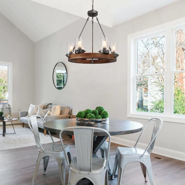 Bronze Farmhouse Chandelier Wood Wagon Wheel 6-Light Rustic Chandelier for Foyer with Seedy Glass and Aged Silver Metal