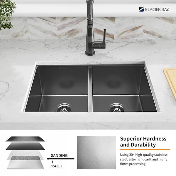 Gunmetal Black Stainless Steel 31 in. 18-Gauge Undermount Double Bowl Kitchen Sink with Black Spring Neck Faucet