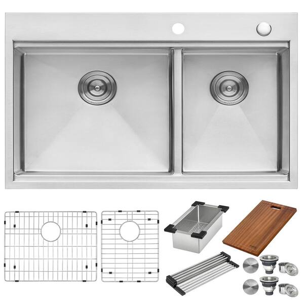 33 in. Double Bowl Drop-in 16-Gauge Stainless Steel Ledge Kitchen Sink 60/40
