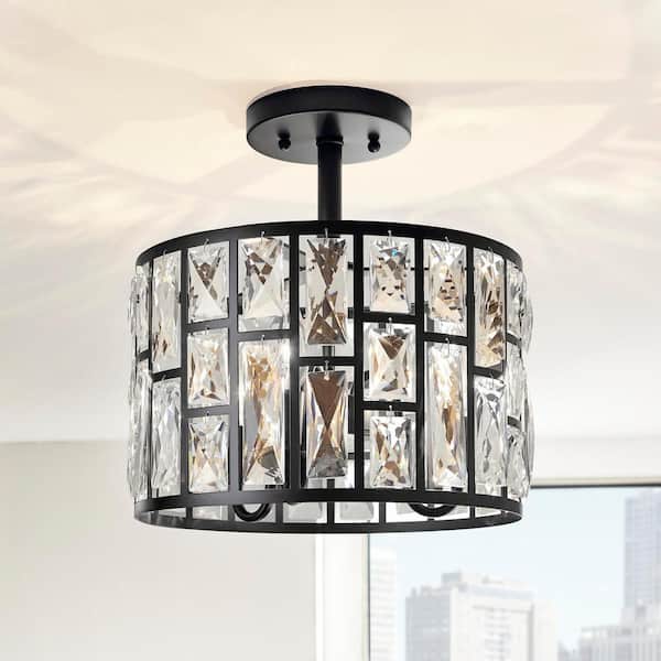 Kristella 12.5 in. 3-Light Matte Black Semi Flush Mount Light with Clear Crystal Shade