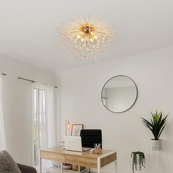 6 Lights Flush Mount Ceiling Light Chandelier Gold Crystal Strings Pendant Light for Living Room and Dinning Room,Study