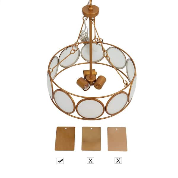 3-Light Antique Gold Modern Pendant Light, Frosted Glass Round Chandelier, Transitional Dining Room Drum Chandelier