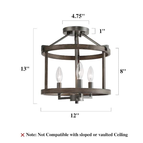 Modern Farmhouse Brown Drum Semi Flush Mount 3-Light Faux Wood Textured Candlestick Bedroom Living Room Ceiling Lighting
