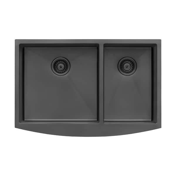 Gunmetal Black 16-Gauge Stainless Steel 33 in. 60/40 Double Bowl Farmhouse Apron Kitchen Sink