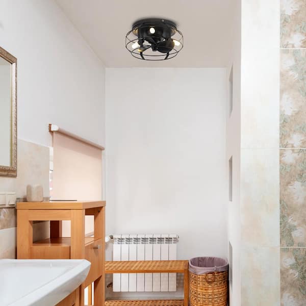 12.2 in. Modern Caged Flush Mount Black Ceiling Fan with Light and Remote Control