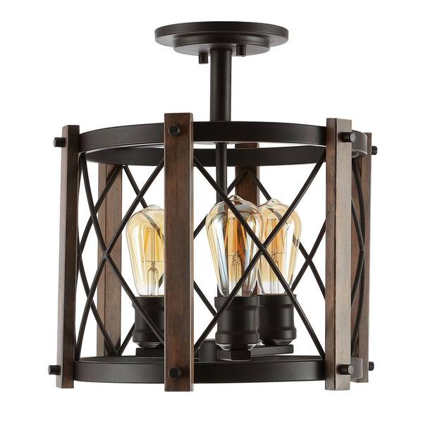 Ferme 14 in. 3-Light Iron Rustic Farmhouse LED Flush Mount, Brown/Oil Rubbed Bronze