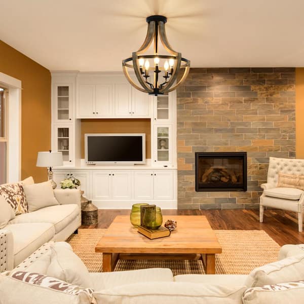 5-Light Semi-Globle Natural Wood Grain Finish Farmhouse Chandelier, Ceiling Light with Adjustable High