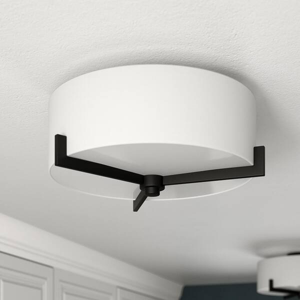Hamlin 17.63 in. 2-Light Blackened Bronze and White Semi Flush Mount with Fabric Shade