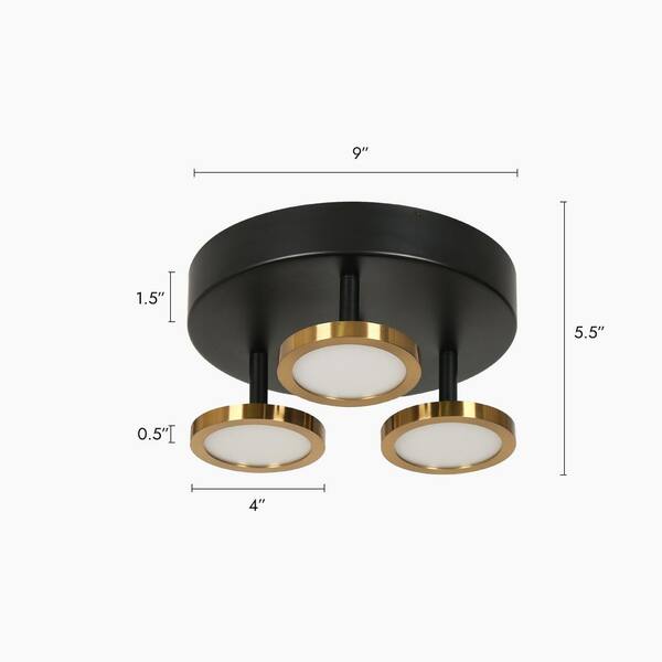 Adjustable 9 in. Modern 3-Light Black Integrated LED Semi-Flush Mount, Brass Gold Shade Round Ceiling Light