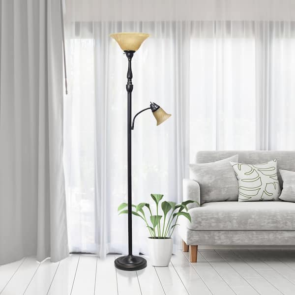 2-Light 71 in. Mother Daughter Restoration Bronze Floor Lamp with Amber Glass