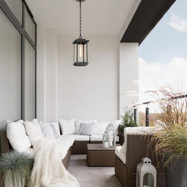 Modern 15.4 in. 1-Light Matte Black Dimmable Outdoor Pendant Light with Clear Glass Shade and No Bulbs Included