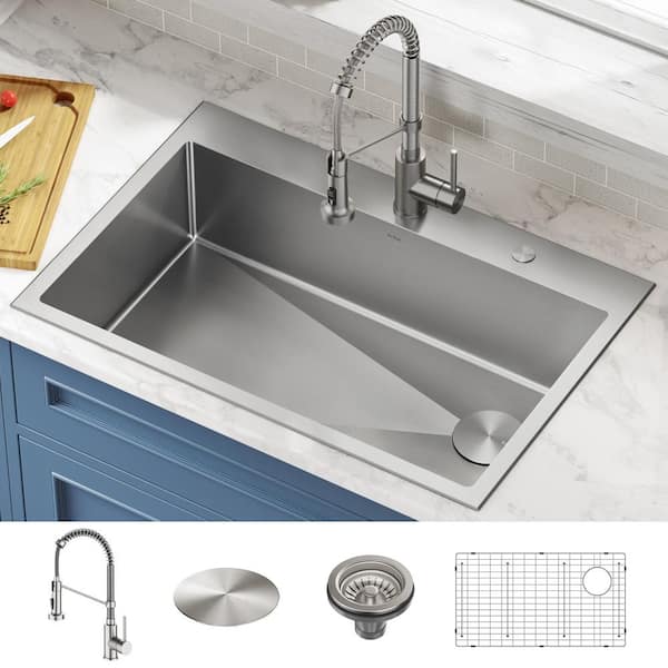 Loften All in One 33 in. Drop In/Undermount Single Bowl 18-Gauge Stainless Steel Kitchen Sink with Pull Down Faucet