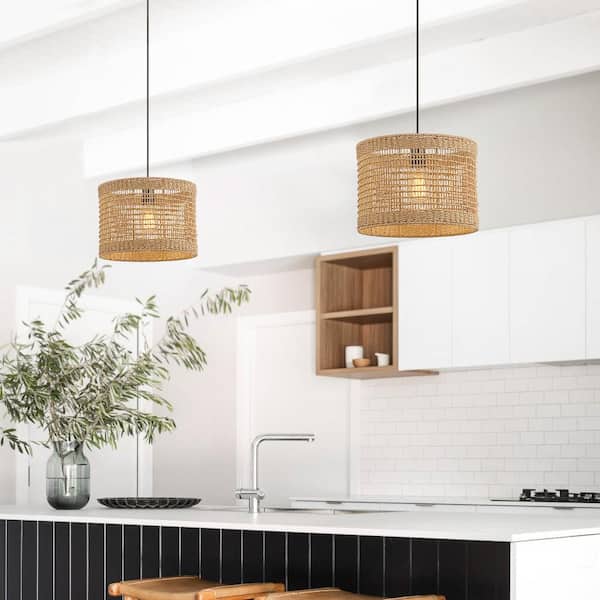 Bohe 13.8 in. 1-Light Black Bohemian Island Pendant with Natural Rattan Shade