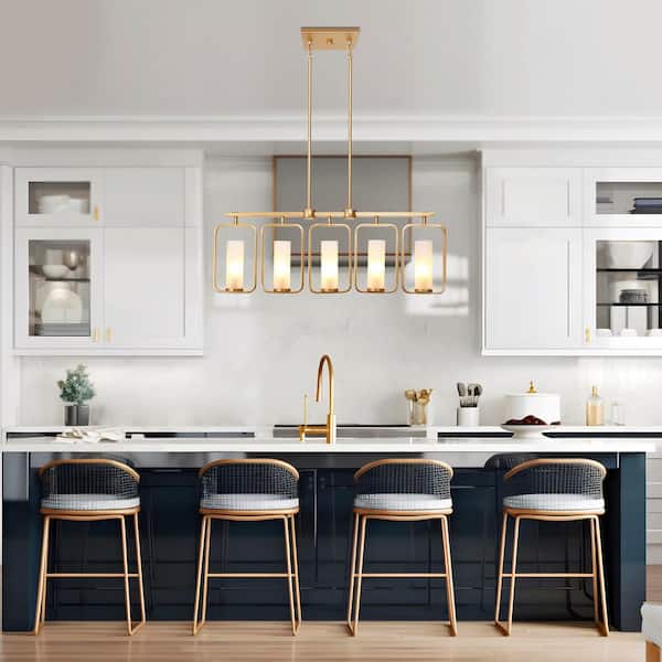 Transitional Kitchen Island Gold Chandelier 5-Light Hanging Ceiling Light Frosted Glass Shaded Dining Room Chandelier