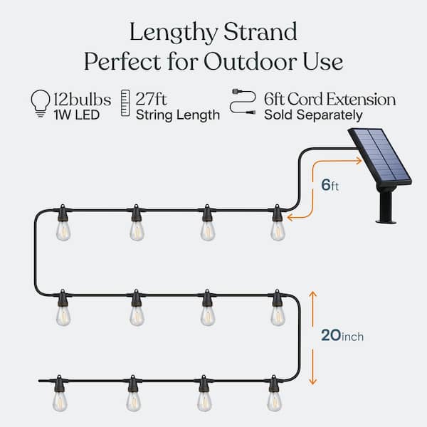 Ambience Pro 12-Light 27 ft. Outdoor Solar 1W 3000k LED S14 Remote Control Edison Bulb String-Light