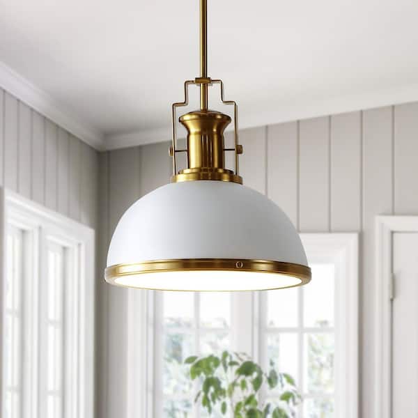 Homer 13 in. 1-Light Brass Gold/White Modern Industrial Iron LED Dome Globe Pendant