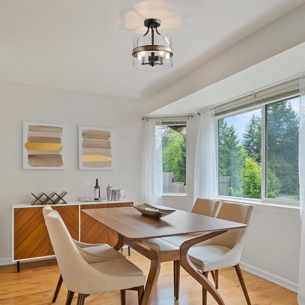 Modern Farmhouse Black Drum 3-Light Candlestick Semi-Flush Mount Ceiling Light with Faux Wood Accent Clear Glass Shade