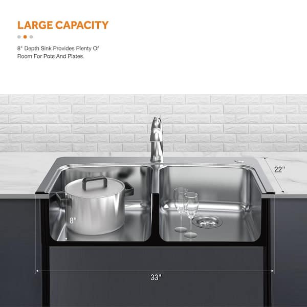 All-in-1-Drop-In Stainless Steel 33 in. 2-Hole 50/50 Double Bowl Kitchen Sink with Pull-Out Faucet