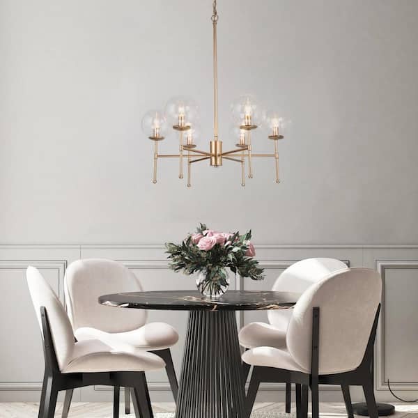 Mid-Century Dining Room Chandelier 6-Light Modern Brass Gold Candlestick Chandelier with Seeded Glass Shades