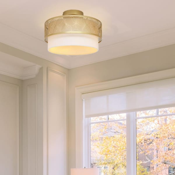 Sloane 13.125 in. Dual-Light Gold-Tone Semi-Flush Mount with White Fabric Drum Shade