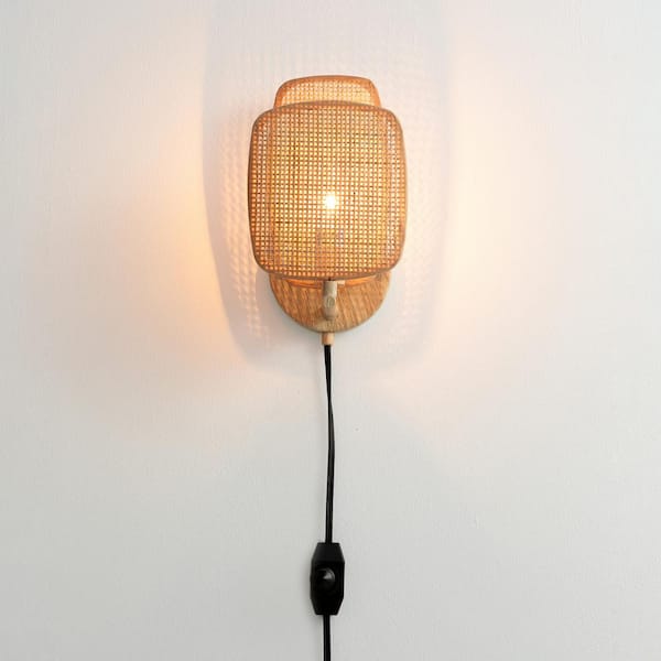 Amud - 3.68 in. 1-Light Natural Wall Sconce, Dimmable, Plug in, with Wicker Shade, No Bulb Included
