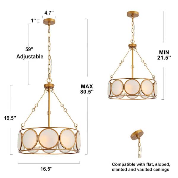 3-Light Antique Gold Modern Pendant Light, Frosted Glass Round Chandelier, Transitional Dining Room Drum Chandelier