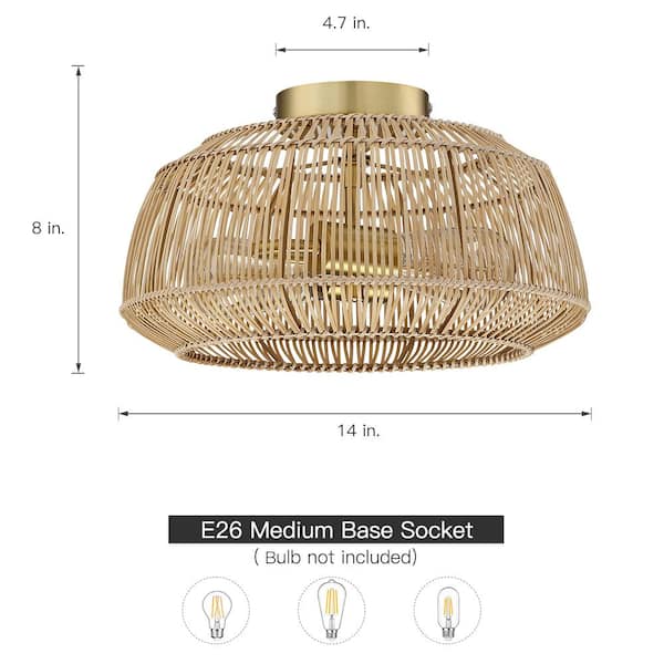 Rhett 14 in. 2-Light Brass Bohemian Rattan Semi-Flush Mount Ceiling Light