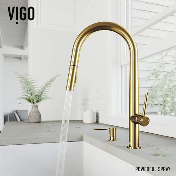 Greenwich Single Handle Pull-Down Sprayer Kitchen Faucet Set with Soap Dispenser in Matte Brushed Gold